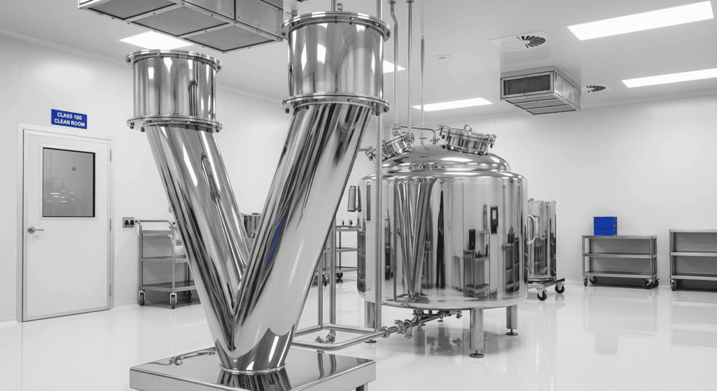 Custom stainless steel V-blender and GMP-compliant pharmaceutical mixing tank installed in a cleanroom manufacturing facility