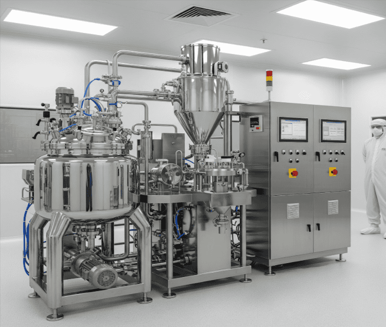 Custom stainless steel pharmaceutical processing equipment with GMP-compliant mixing tanks and an automated control panel in cleanroom environment